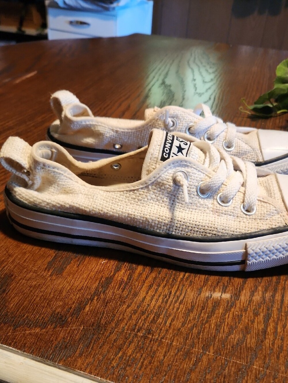 Converse Womens White/Cream Canvas Low-Top Sneakers with Black Trim - Picture 3 of 6